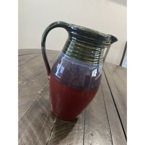 Vtg Pam Snyder Art Pottery Pitcher Green Purple Maroon 9" Ribbed WV
